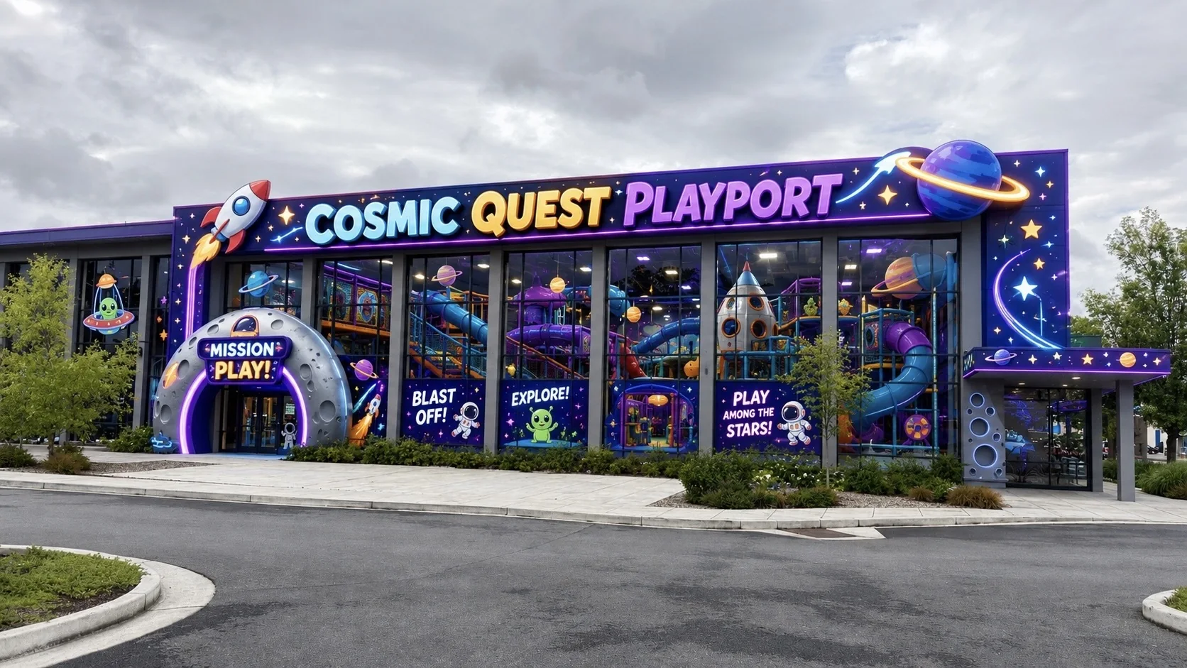 AI-enhanced visualization of a colorful cosmic-themed indoor play center